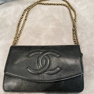 Chanel Black Caviar CC Logo Timeless Wallet on Chain